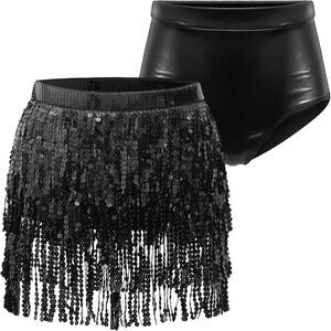 Sequin Tassel Skirt Women Small Black with Metallic Shorts Clubwear Dance Festiv
